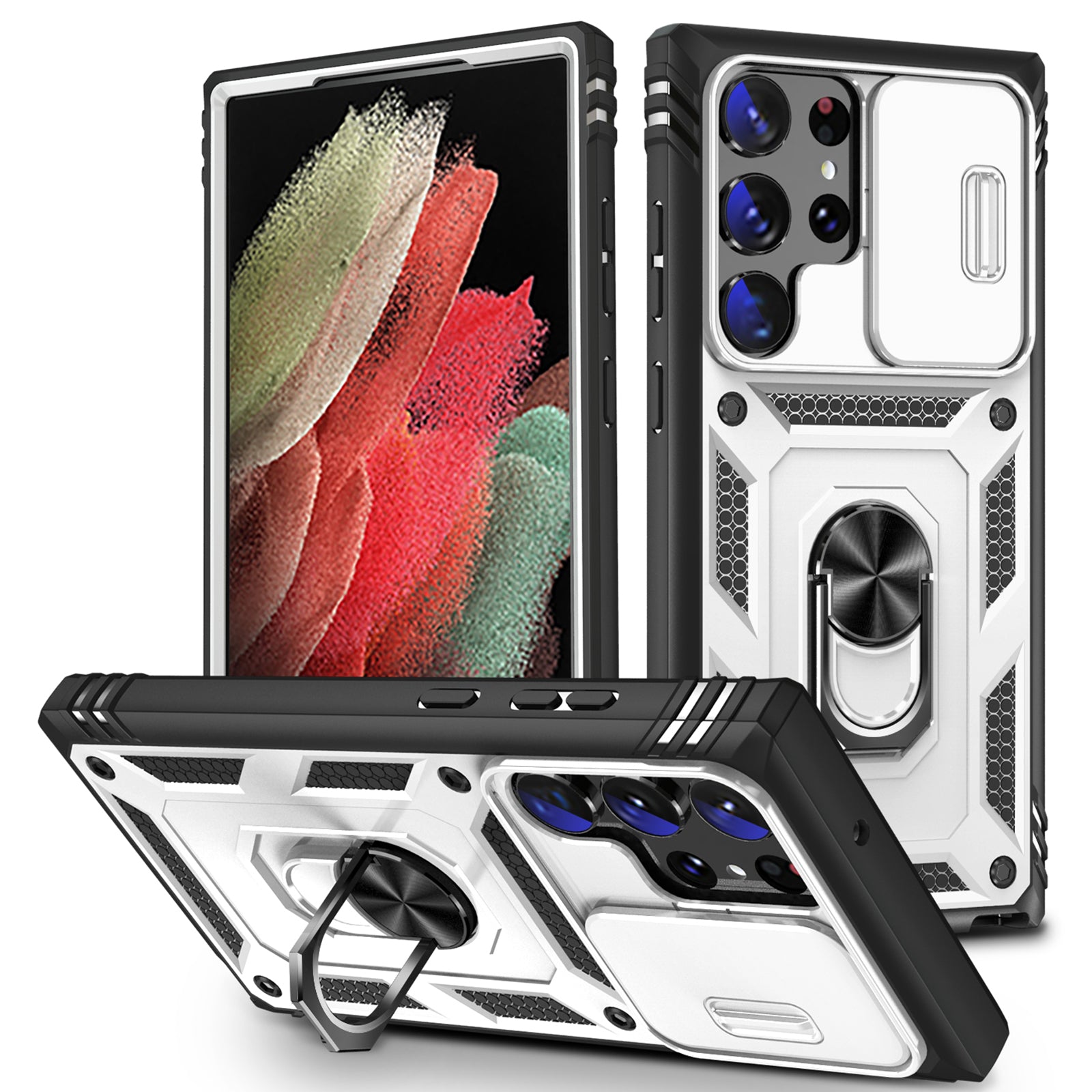 For Samsung Galaxy S23 Ultra Protective Phone Case with Ring Kickstand Card Holder Phone Back Cover with Sliding Camera Lid For Samsung Galaxy S23 Ultra Protective Phone Case with Ring Kickstand Card Holder Phone Back Cover with Sliding Camera Lid